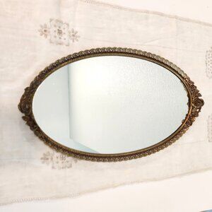 Matson Vintage Gold-Tone Filigree Vanity Mirror Tray for Dresser Oval w/Roses